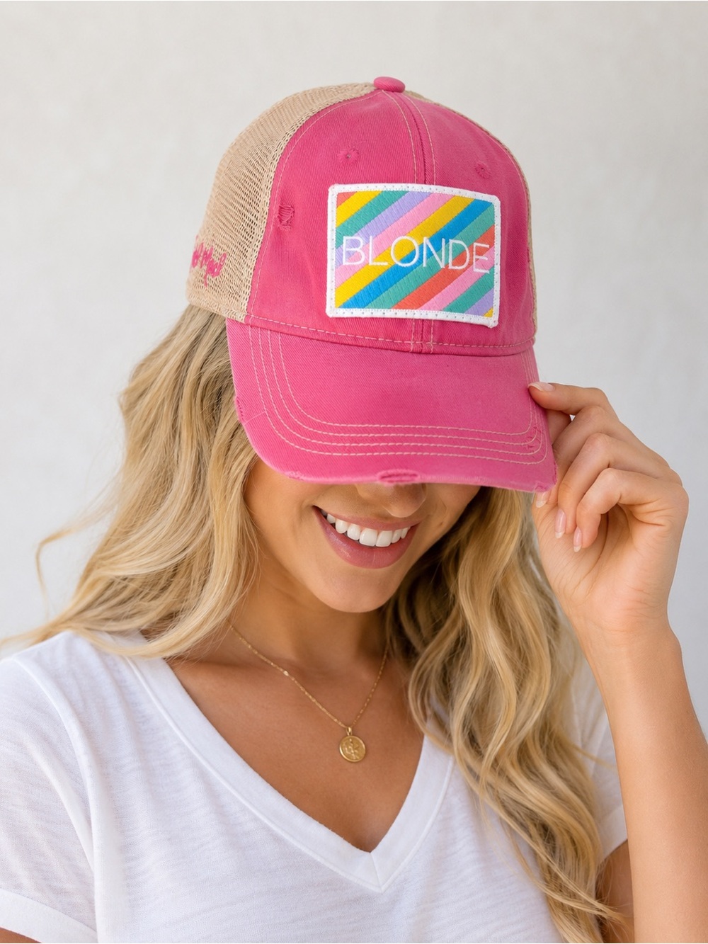 Judith March Blonde Patch Hat Trucker Mesh SnapBack Distressed